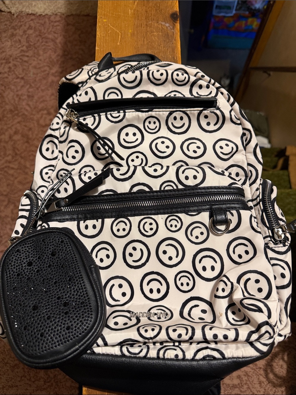 Steve Madden Black & White Smiley Print Men's Backpack - Casual Daypack